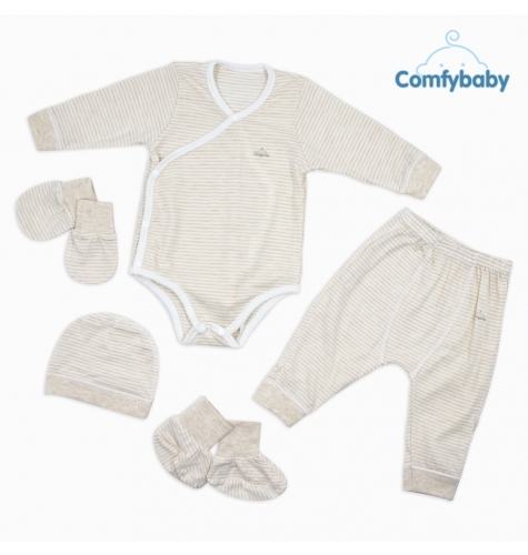 Set Bodysuit giữ ấm sơ sinh 5 món ComfyBaby (quần áo dài, bao tay chân, mũ) kẻ sọc màu xanh - 100% Cotton- chính hãng