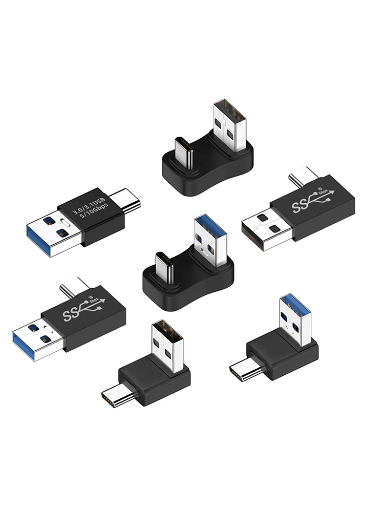 Bộ chuyển đổi USB sang Type-C, đầu đực kép, hình chữ U, góc vuông 90 độ, bộ chuyển đổi uốn cong trái/phải, cáp dữ liệu sạc USB 3.0 phiên bản ngắn dành cho điện thoại di động, máy tính bảng, sạc dự phòng, máy tính, kết nối ổ cứng SSD và ổ flash USB.