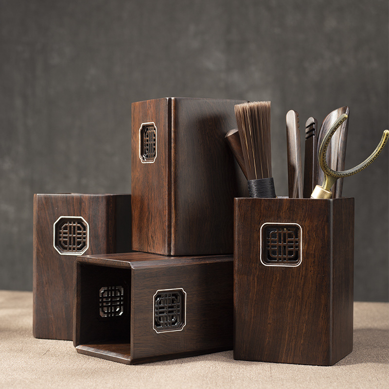 Bộ dụng cụ pha trà bằng gỗ mun nguyên khối, thủ công, gồm 6 món, kiểu Fu Lu Shou Xi, đựng trong hộp, dùng cho nhà và văn phòng.