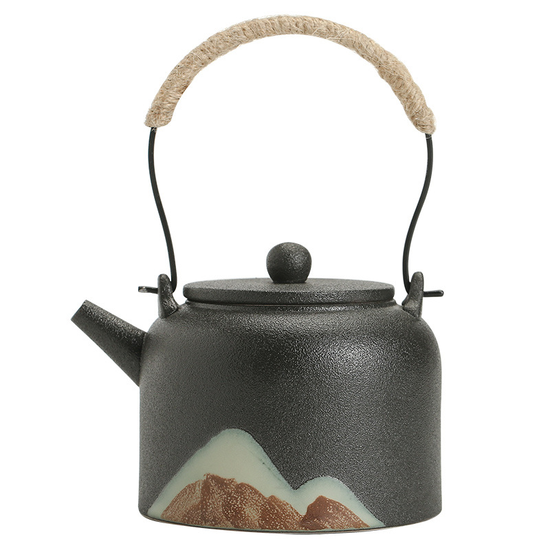 Ấm trà gốm đen vẽ tay, ấm trà Kung Fu gốm sứ, ấm trà lớn, ấm trà Pu'er đơn giản hiện đại