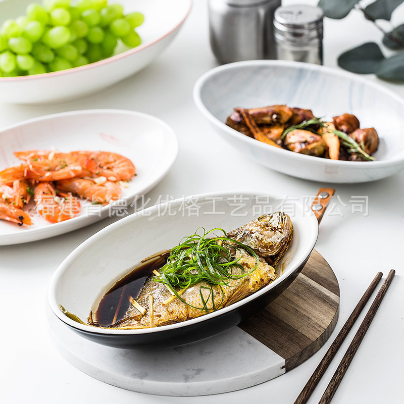 Đĩa Cá Cỡ lớn kiểu thuyền ins Bắc Âu đĩa món ăn sáng tạo gia dụng đĩa hình bầu dục đĩa bày trí khách sạn đĩa đen mờ cổ điển