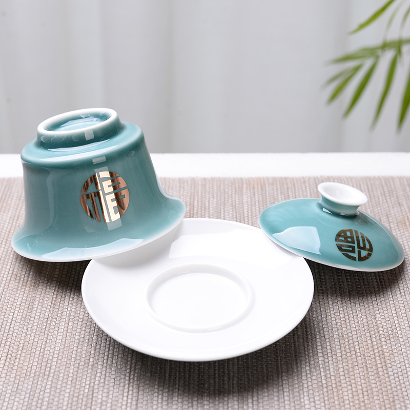 Bát tam tài sứ trắng Dehua Bát trà gốm sứ cỡ lớn 3.8 inch Bộ trà Kung Fu cốc trà có Nắp bát logo