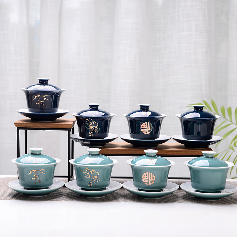 Bát tam tài sứ trắng Dehua Bát trà gốm sứ cỡ lớn 3.8 inch Bộ trà Kung Fu cốc trà có Nắp bát logo