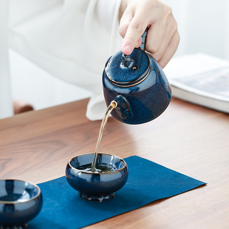 Lò biến đổi Bộ trà Thiên Mục sáng tạo phong cảnh khô ấm trà Bộ trà gốm sứ một bình bốn tách Bộ trà Kung Fu hộp quà nhỏ