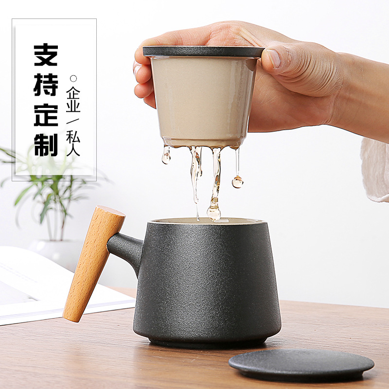 Cốc pha trà gốm sứ cốc tách nước trà có nắp cốc lọc nước cốc tay cầm bằng gỗ sáng tạo Cốc văn phòng cốc quà tặng mẫu mới