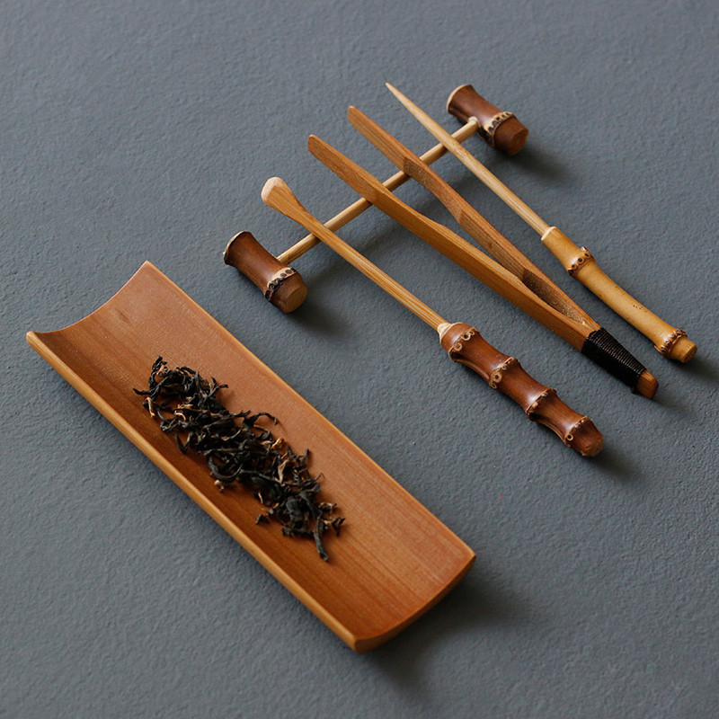 Bộ dụng cụ pha trà bằng tre nguyên liệu, 5 món, chất liệu tre cổ, dụng cụ trà đạo, gồm dụng cụ pha trà, muỗng trà, phụ kiện trà đạo Kungfu, dùng cho nhà và văn phòng