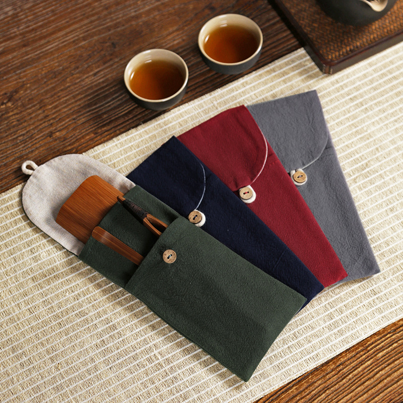 Bộ ba muỗng trà cacbon hóa có túi đựng, dụng cụ pha trà di động dành cho sáu quý ông, dụng cụ hái trà, phụ kiện đựng lá trà, nghệ thuật pha trà.