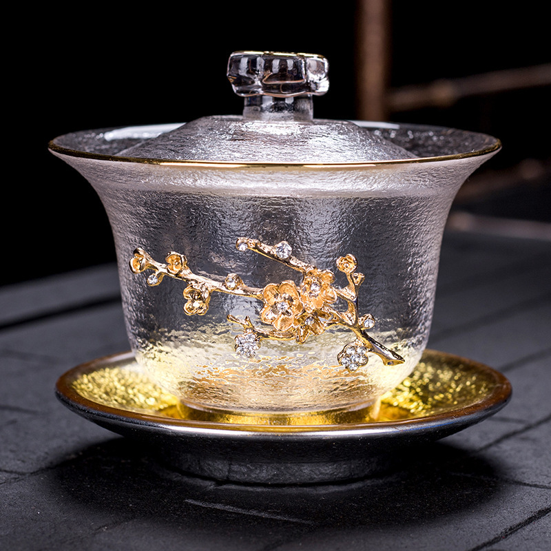 Bát có nắp thủy tinh dát thiếc kiểu Nhật, cốc trà, bát Trà Tam tài dày chịu nhiệt bằng vàng, Bộ trà Kungfu pha trà cỡ lớn