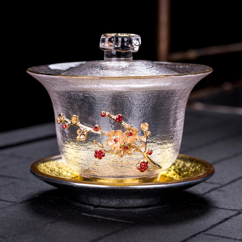 Bát có nắp thủy tinh dát thiếc kiểu Nhật, cốc trà, bát Trà Tam tài dày chịu nhiệt bằng vàng, Bộ trà Kungfu pha trà cỡ lớn