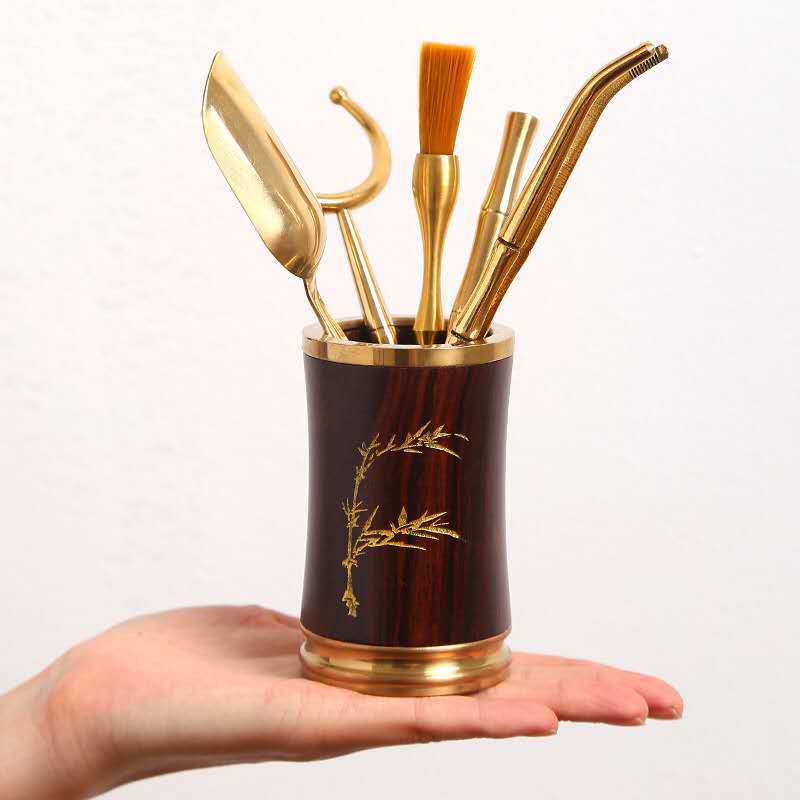 Bộ trà đạo sáu món bằng đồng và gỗ, dụng cụ pha trà kung fu, kẹp trà, muỗng trà, kim trà, chổi trà, phụ kiện dùng cho văn phòng và gia đình.