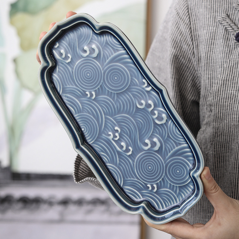 Khay đựng trái cây sáng tạo chạm nổi cỡ lớn, khay đựng trà gốm sứ Quốc Triều, Bộ trà Kung Fu Trung Quốc, ấm Thu hải đường