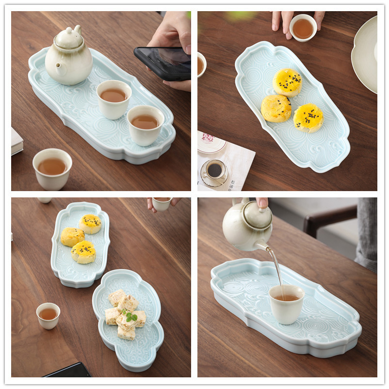 Khay đựng trái cây sáng tạo chạm nổi cỡ lớn, khay đựng trà gốm sứ Quốc Triều, Bộ trà Kung Fu Trung Quốc, ấm Thu hải đường