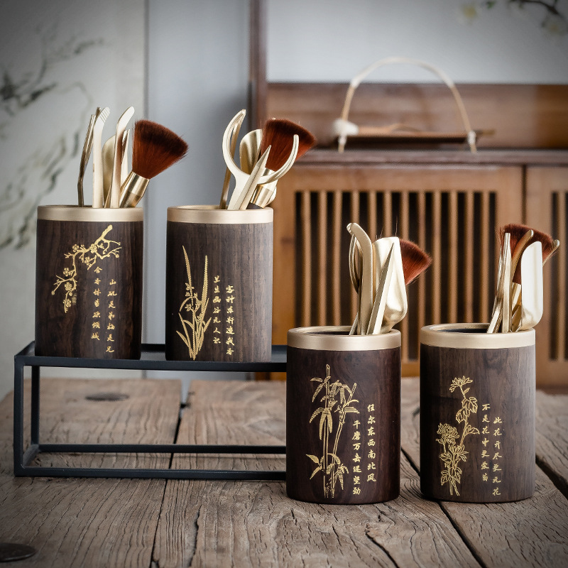Mai, LAN, Trúc, cúc, trà đạo bằng gỗ Đồng, sáu quý ông, gỗ đàn hương đen, đồng nguyên chất, phụ kiện trà, dao trà, Ống đựng bút, kẹp trà