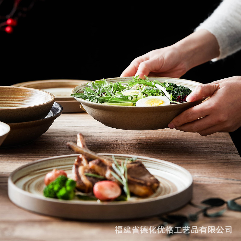 Bát Đĩa gốm sứ kiểu Nhật sáng tạo Bát ăn đồ gốm thô cổ điển đĩa món ăn Đĩa thủ công đĩa Cá gia dụng đĩa bít tết