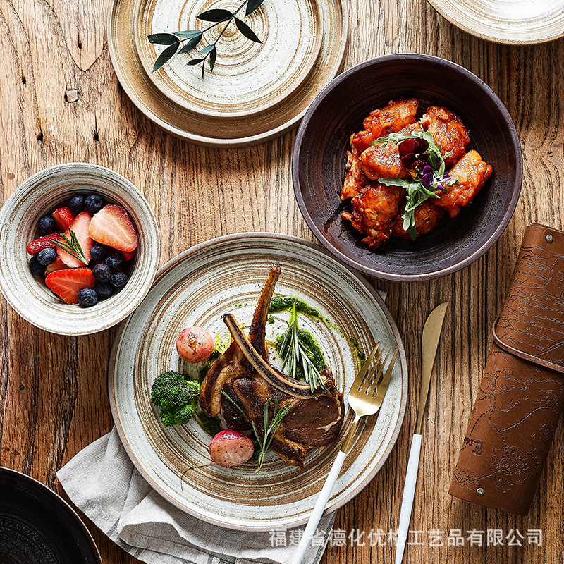 Bát Đĩa gốm sứ kiểu Nhật sáng tạo Bát ăn đồ gốm thô cổ điển đĩa món ăn Đĩa thủ công đĩa Cá gia dụng đĩa bít tết