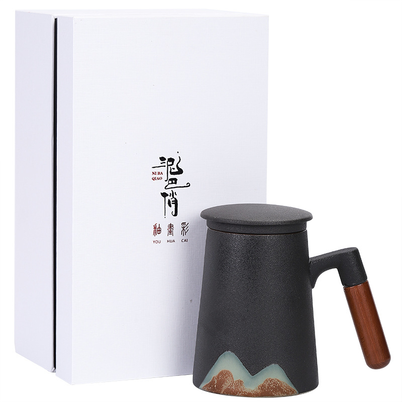 Cốc tráng men sơn màu vẽ tay tay cầm bằng gỗ cốc trà gốm sứ cốc nước có nắp lọc Bộ ba mảnh lớn văn phòng gia dụng