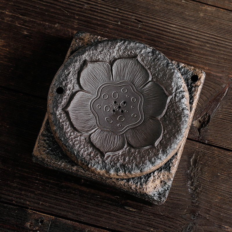 Ấm Hương Sen, bàn trà thủ công thiền, Bộ Trà Công Phu mạ vàng bằng gốm thô cổ điển, khay pha khô trữ nước