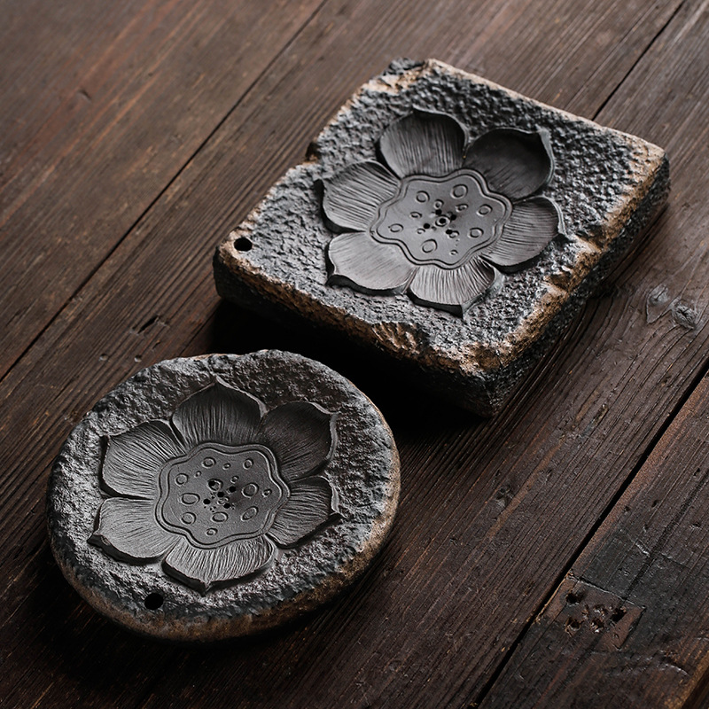 Ấm Hương Sen, bàn trà thủ công thiền, Bộ Trà Công Phu mạ vàng bằng gốm thô cổ điển, khay pha khô trữ nước