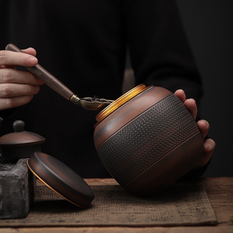 Bình đựng trà ống tròn gốm tím Thanh Tây, dao nhảy thủ công cỡ lớn kiểu Trung Quốc, bình đựng trà gốm kín, trà đen nửa catty