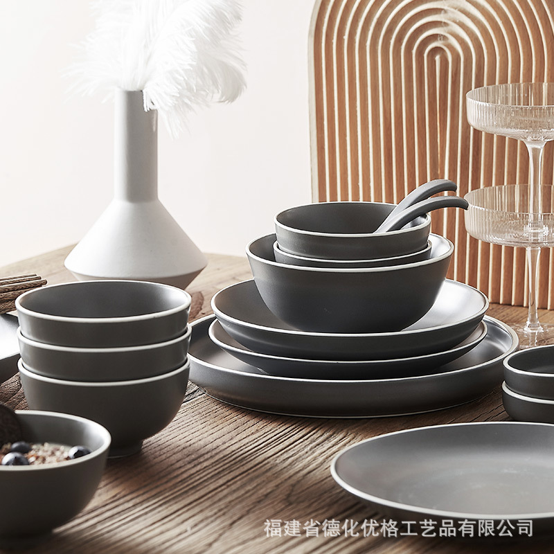 Bộ đồ ăn mờ đơn giản Bắc Âu bát đĩa gia dụng Bát súp bát đĩa đồ ăn Tây đĩa bát cơm màu xám cổ điển sáng tạo