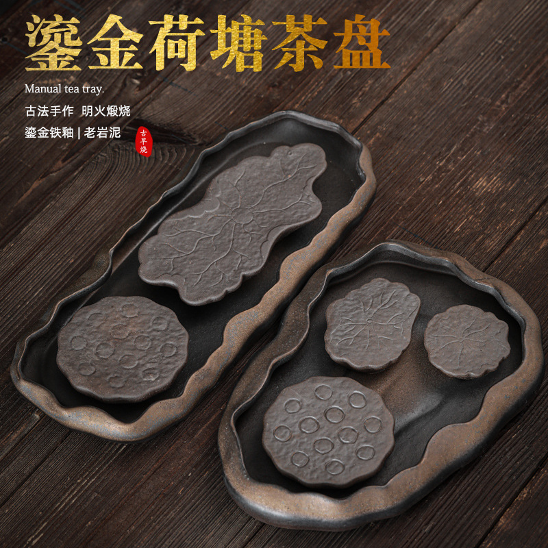Khay trà ao sen mạ vàng, Khay đựng ấm gốm thô kiểu Nhật, khay đựng nước, khay đựng nước, khay đựng Ấm gốm sứ
