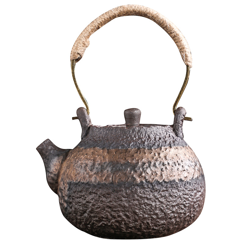 Ấm trà gốm thô tráng men mạ vàng cổ điển ấm trà gốm sứ công phu gốm sứ đơn giản thủ công ấm đơn