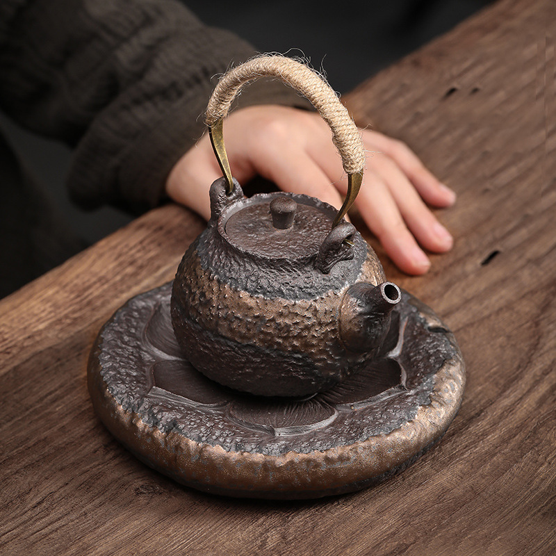 Ấm trà gốm thô tráng men mạ vàng cổ điển ấm trà gốm sứ công phu gốm sứ đơn giản thủ công ấm đơn