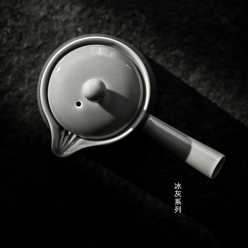 Ấm tay cầm bên gốm sứ Ấm trà nhỏ tráng men màu xám đá thủ công kiểu Nhật Bộ trà Kung Fu Ấm trà đơn Pu'er cần gấp ấm