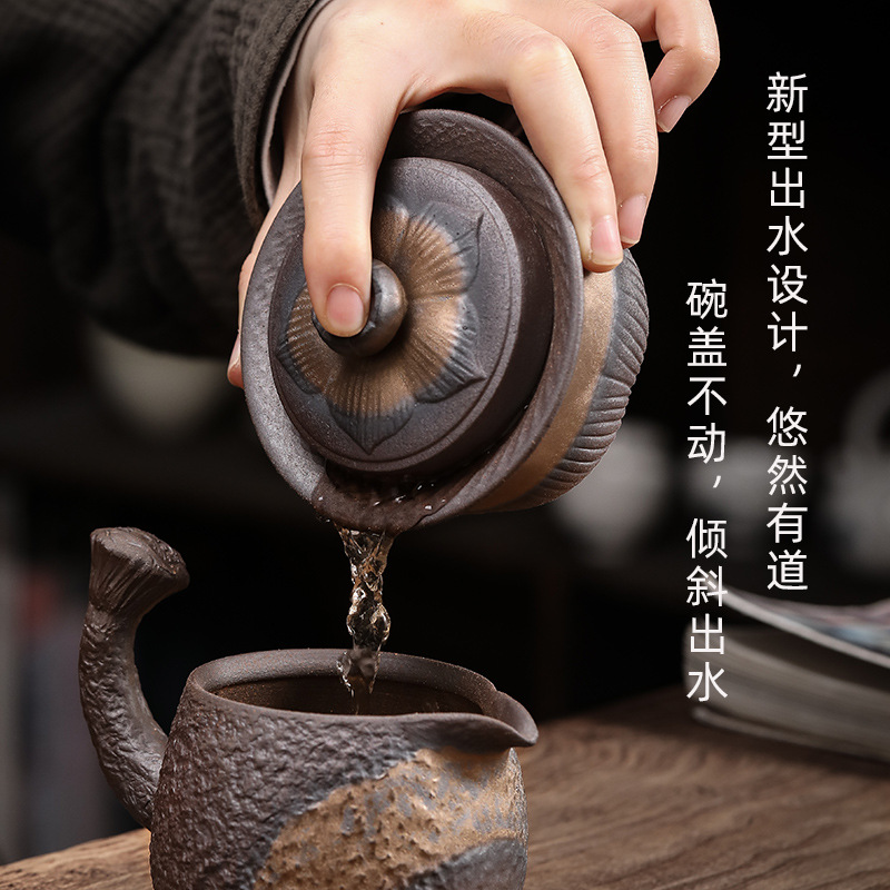 Cốc Trà Tam Tài gốm thô cỡ lớn kiểu Nhật Bộ trà gốm sứ Kung Fu tráng men sắt mạ vàng Bát pha trà cổ điển