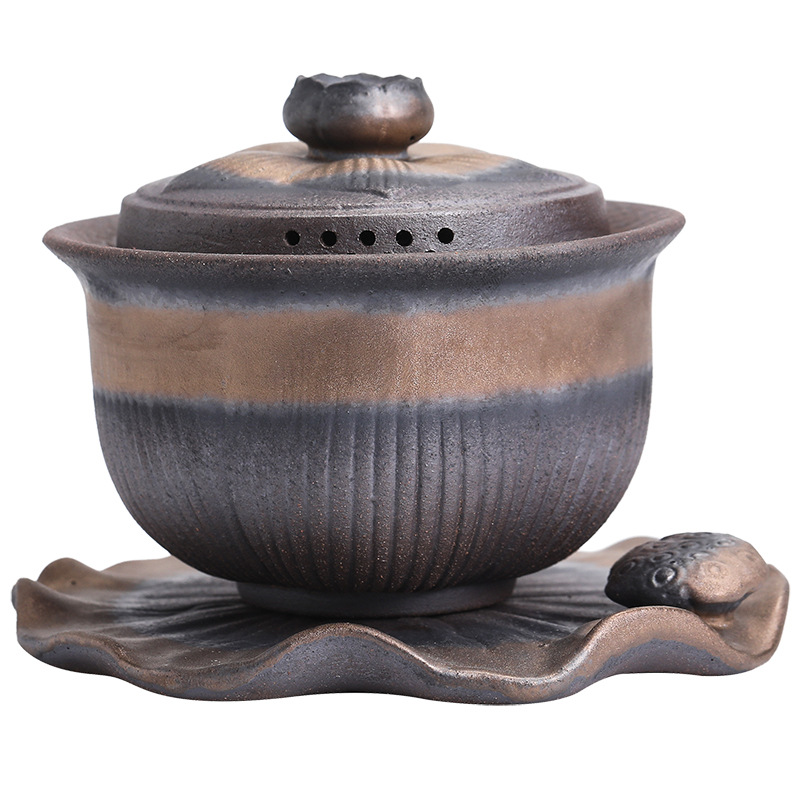 Cốc Trà Tam Tài gốm thô cỡ lớn kiểu Nhật Bộ trà gốm sứ Kung Fu tráng men sắt mạ vàng Bát pha trà cổ điển