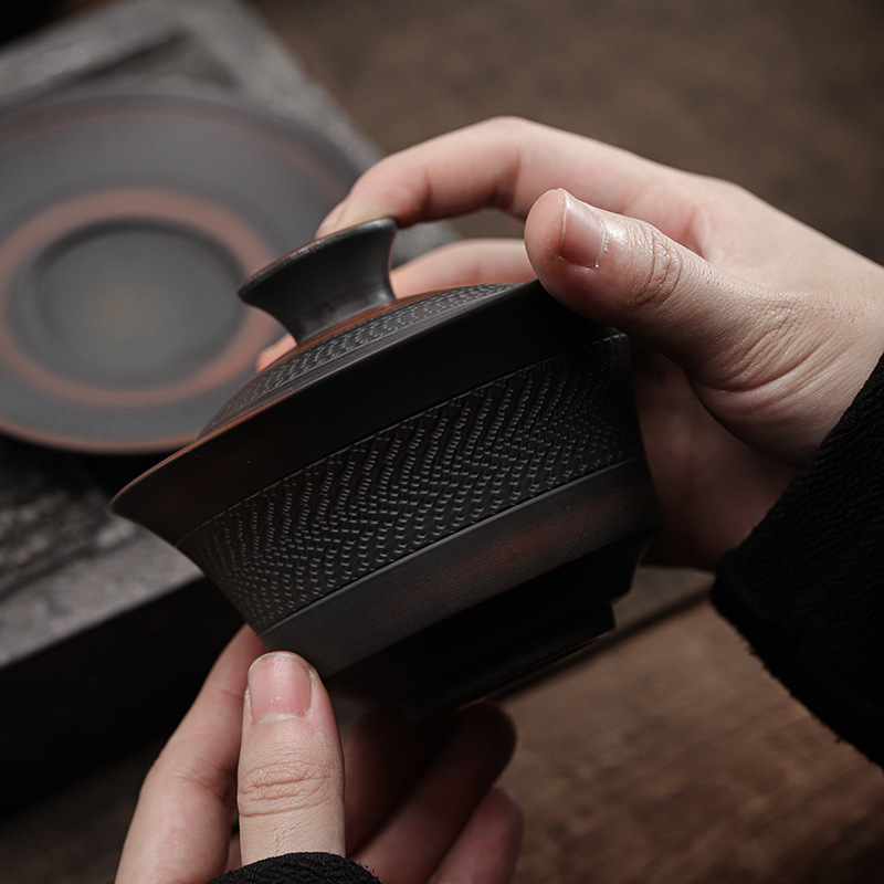 Bát Có Nắp gốm màu tím Qingxi Dao nhảy cổ điển thủ công Bát Có Nắp gốm sứ Ba tài năng Bộ trà Kung Fu Bát Trà Tách trà dụng cụ pha trà