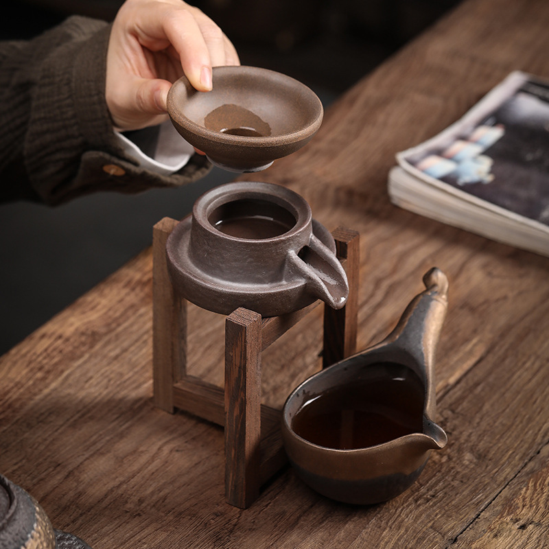 Bộ Lọc bùn đá cũ Bộ lọc trà gốm thô thủ công lọc trà lọc trà lưới gỗ cánh gà Giá đỡ phụ kiện Bộ trà