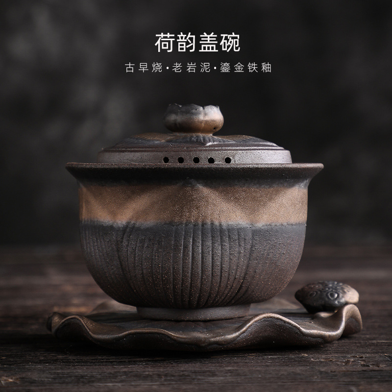 Cốc Trà Tam Tài gốm thô cỡ lớn kiểu Nhật Bộ trà gốm sứ Kung Fu tráng men sắt mạ vàng Bát pha trà cổ điển