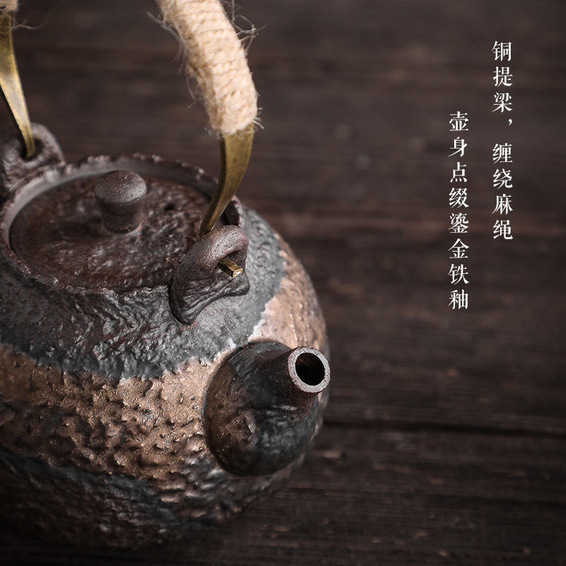 Ấm trà gốm thô tráng men mạ vàng cổ điển ấm trà gốm sứ công phu gốm sứ đơn giản thủ công ấm đơn