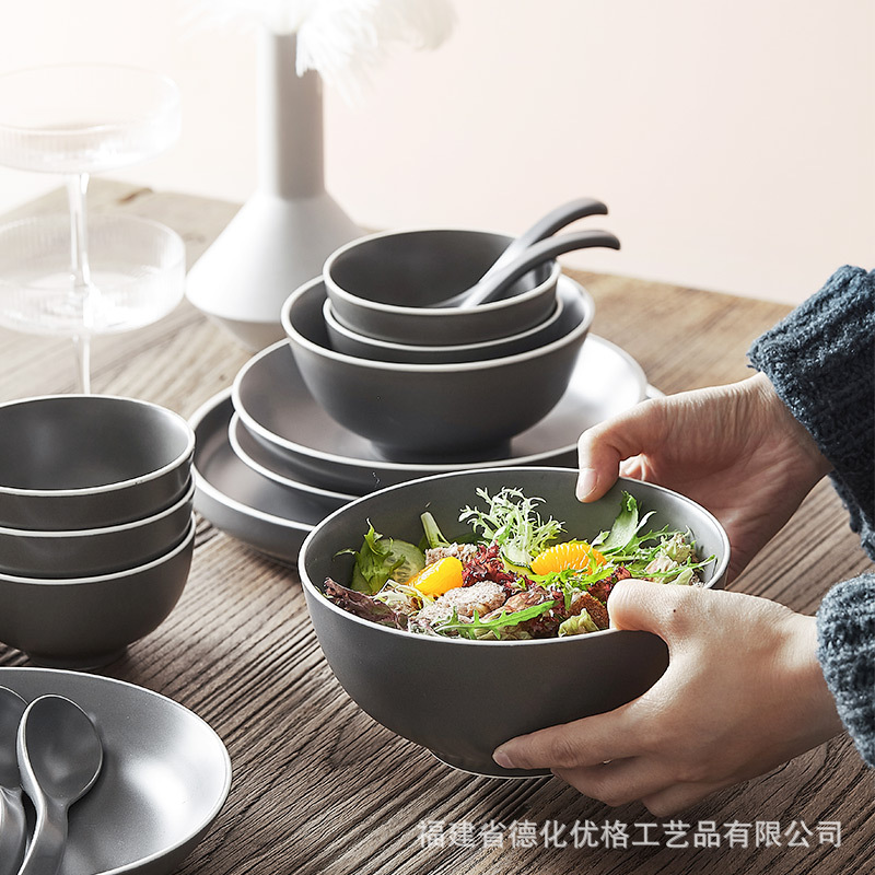 Bộ đồ ăn mờ đơn giản Bắc Âu bát đĩa gia dụng Bát súp bát đĩa đồ ăn Tây đĩa bát cơm màu xám cổ điển sáng tạo