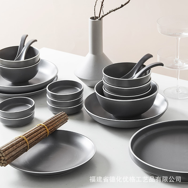 Bộ đồ ăn mờ đơn giản Bắc Âu bát đĩa gia dụng Bát súp bát đĩa đồ ăn Tây đĩa bát cơm màu xám cổ điển sáng tạo