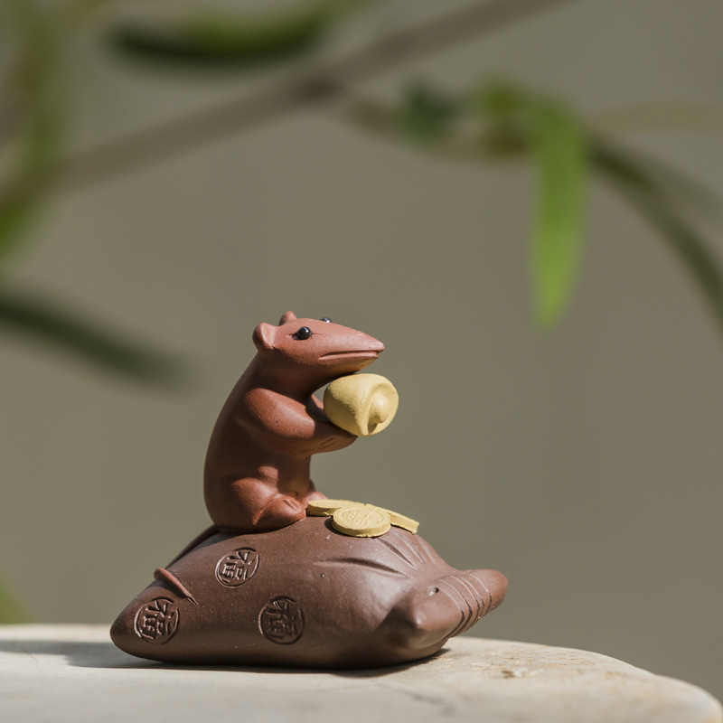 Đồ trang trí thú cưng bằng đất sét tím bán buôn, có thể dùng làm chuột chiêu tài cho bàn trà, khay trà, đồ chơi trà, bộ trà và phụ kiện trà đạo.
