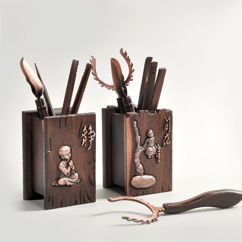 Bộ dụng cụ pha trà bằng gỗ mun bán buôn, bộ sáu quý ông, lễ trà yên tĩnh và thanh thản, đồ trang trí khay trà, bộ trà kungfu, phụ kiện lễ trà