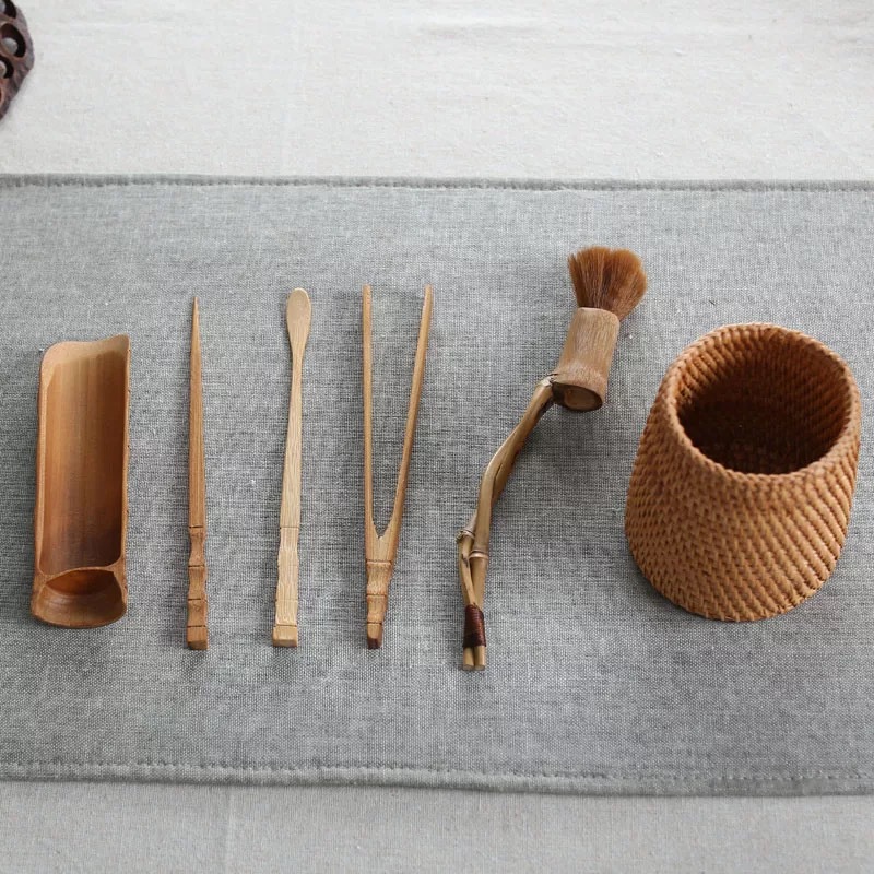 Bộ dụng cụ pha trà bằng mây tre đan thủ công, chất liệu gỗ chắc chắn, gồm 6 món, phong cách mùa thu Việt Nam, bán buôn.