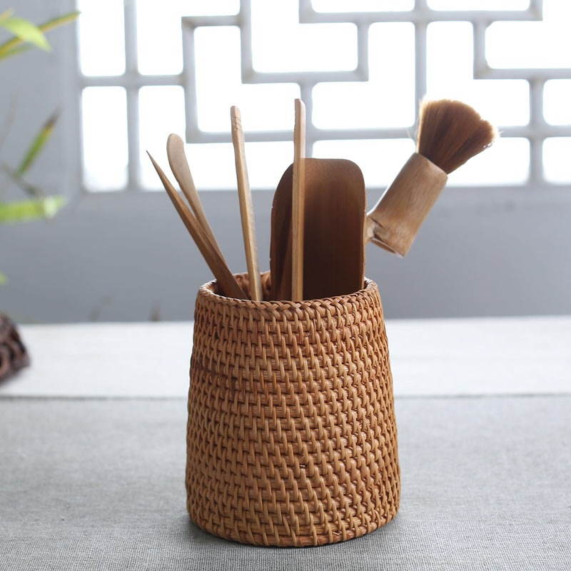 Bộ dụng cụ pha trà bằng mây tre đan thủ công, chất liệu gỗ chắc chắn, gồm 6 món, phong cách mùa thu Việt Nam, bán buôn.