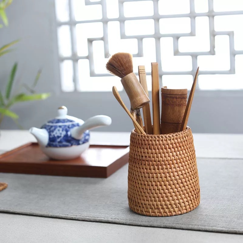 Bộ dụng cụ pha trà bằng mây tre đan thủ công, chất liệu gỗ chắc chắn, gồm 6 món, phong cách mùa thu Việt Nam, bán buôn.