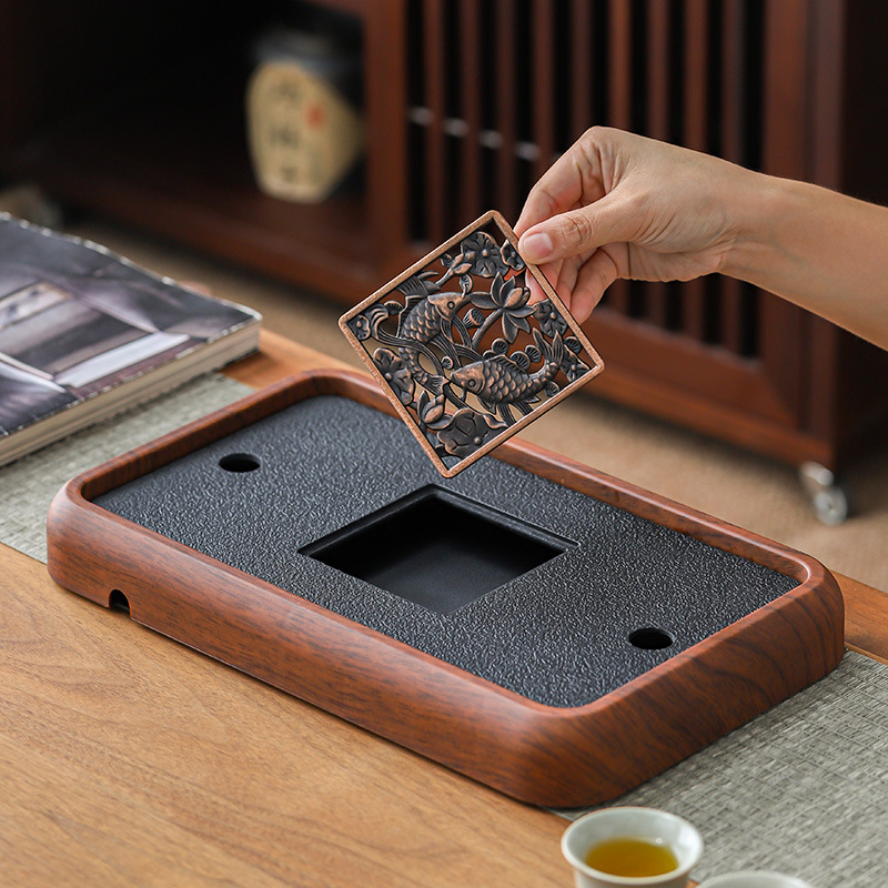 Khay trà gia dụng kiểu Trung Quốc mới khay pha khô bằng đá phiến khay trà gỗ nguyên khối khay trà bộ trà kungfu thoát nước