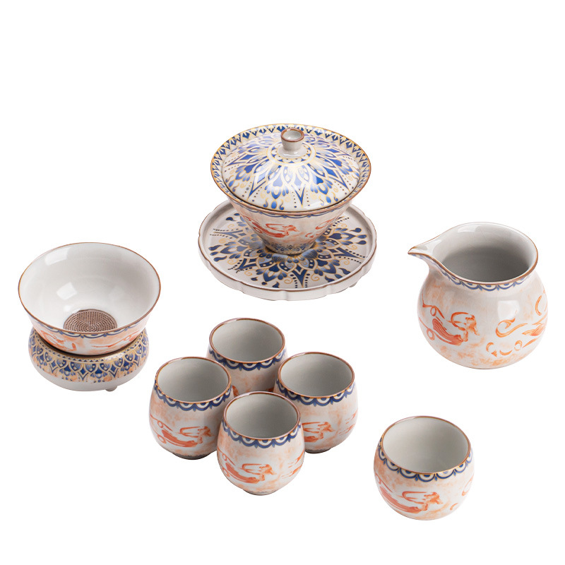 Ru Kiln Đôn Hoàng Feitian Nắp bát cốc trà Bộ đồ trà gốm sứ thủy triều phong cách pha trà bát sản phẩm cốc trà hộp quà công bằng