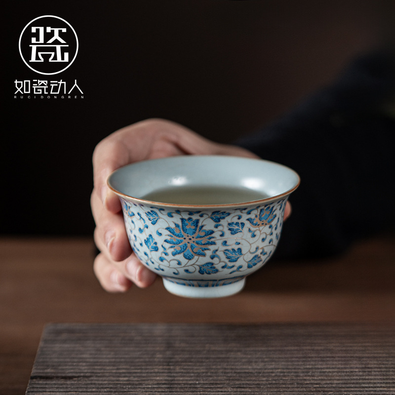 Tách trà Retro Ru Kiln Tách đơn Cao cấp Master Cup Cá nhân độc quyền ép tay Tách trà bằng gốm Hộp quà tặng.