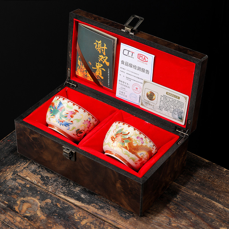 Cốc trà tráng men mạ vàng đám cưới rồng phượng chủ bộ trà gốm sứ bát trà nút thắt quà cưới bán buôn