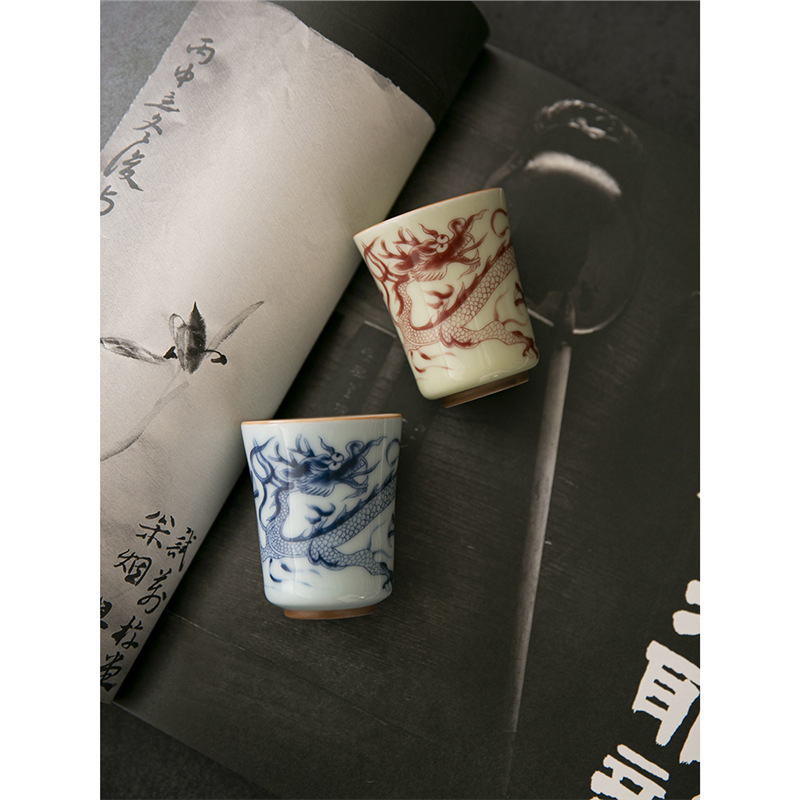 Cốc trà cổ hình rồng xanh trắng cốc chủ nhân cốc trà Phổ Nhĩ gốm sứ gia dụng dụng dụng cụ trà Kung Fu tách trà cao cấp chuyên dụng cá nhân