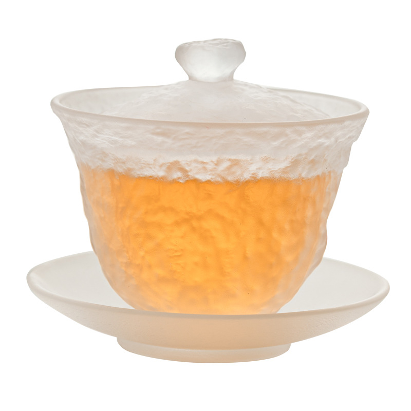 Bát trà có nắp Sancai Shangshen Liuli Bát trà trắng mờ kiểu Trung Quốc Có Nắp Bát Trà chống bỏng đơn gia dụng cao cấp