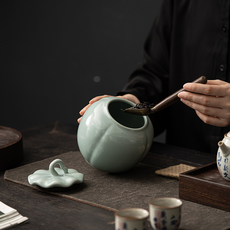 Hộp đựng trà, lọ đựng trà bằng gốm sứ kín, họa tiết vân nứt Zen wing của lò Ru, hộp đựng trà đặc biệt dành cho trà đen và trà đá.