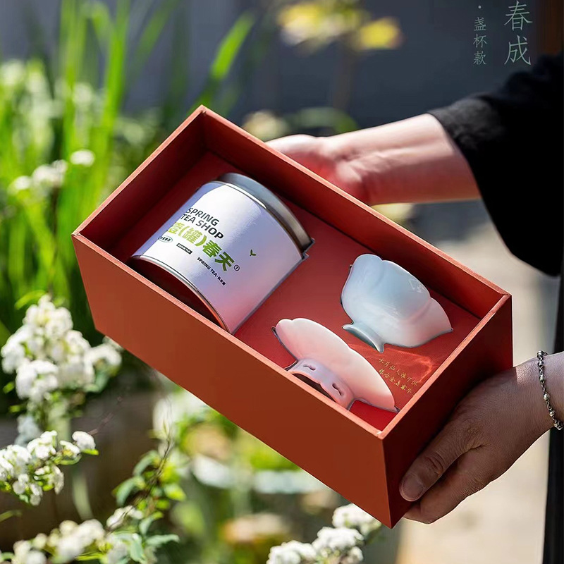 Một lon trà cốc mùa xuân, bộ hộp quà, tách trà gốm, trà xanh, bao bì trà Long Tỉnh thời nhà Minh, hộp rỗng