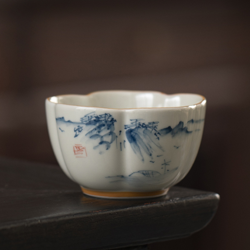 Vẽ tay phong cảnh cỏ tro cốc trà cốc đơn hộ gia đình gốm sứ retro chủ cốc Kung Fu trà trà cốc